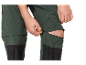 Fermeture éclair sur un pantalon de randonnée vert.