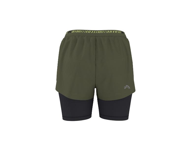 Short de sport 2 en 1 kaki pour homme avec legging noir et ceinture fluo.