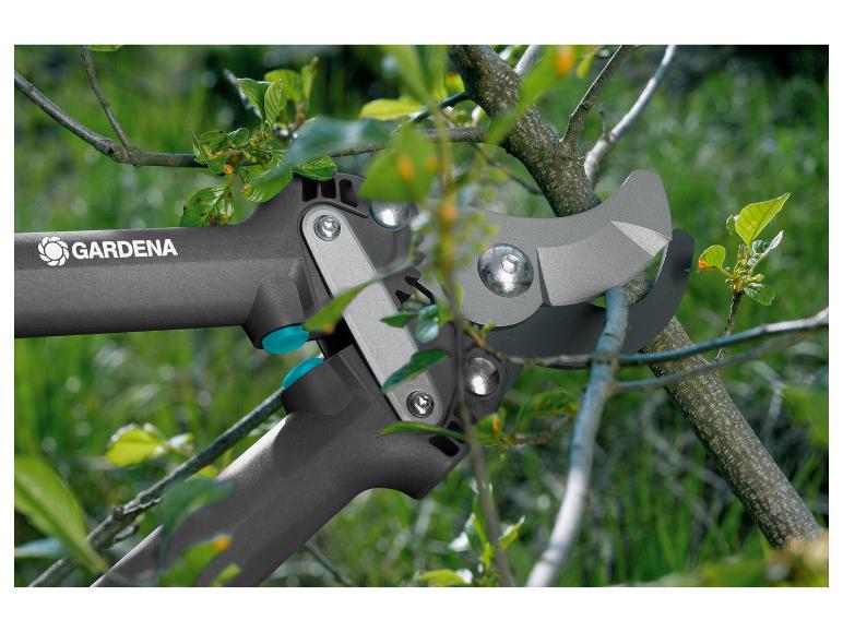 Sécateur GARDENA coupant une branche d'arbre avec des feuilles vertes.