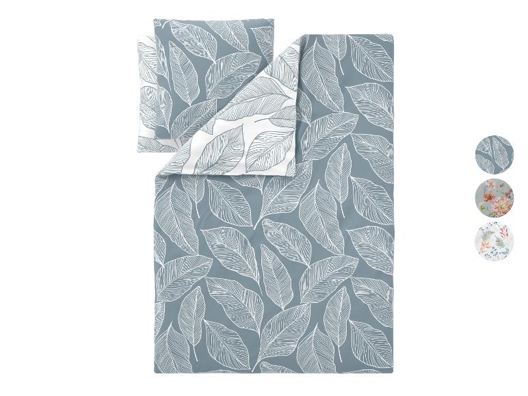 Parure de lit et taie d'oreiller à motif de feuilles bleu-gris, avec échantillons d'autres couleurs.