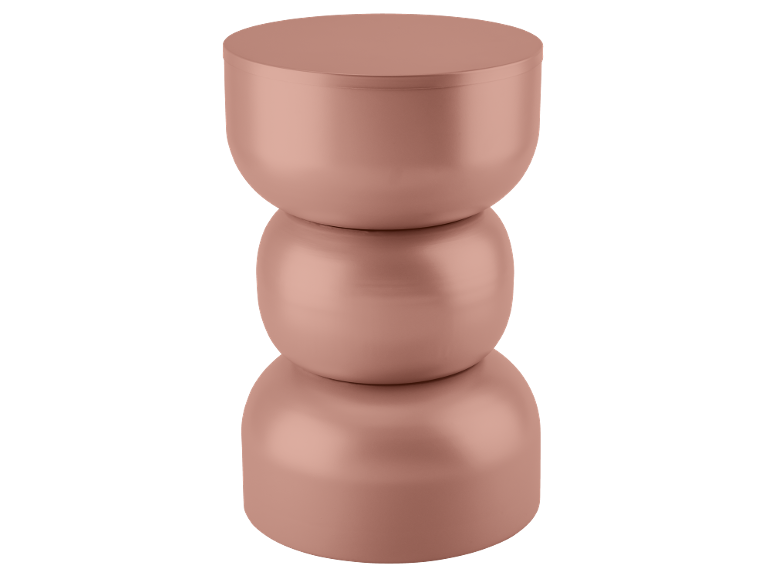 Table d'appoint or rose avec un design sculptural empilé.