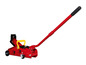 Un cric hydraulique rouge avec un long levier.