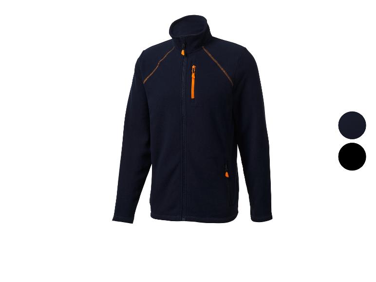Veste polaire bleu foncé avec fermetures éclair et coutures orange, présentée avec des options de couleur.