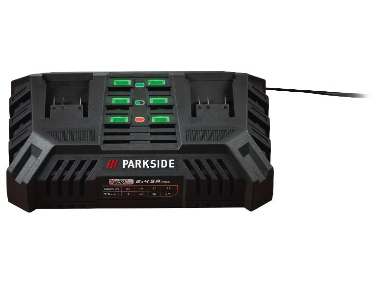 Chargeur de batterie double avec indicateurs LED et tableau des temps de charge.