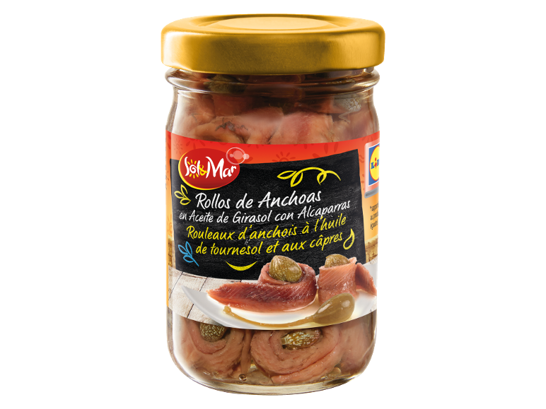 Rouleaux d'anchois à l'huile de tournesol et aux câpres, en bocal.