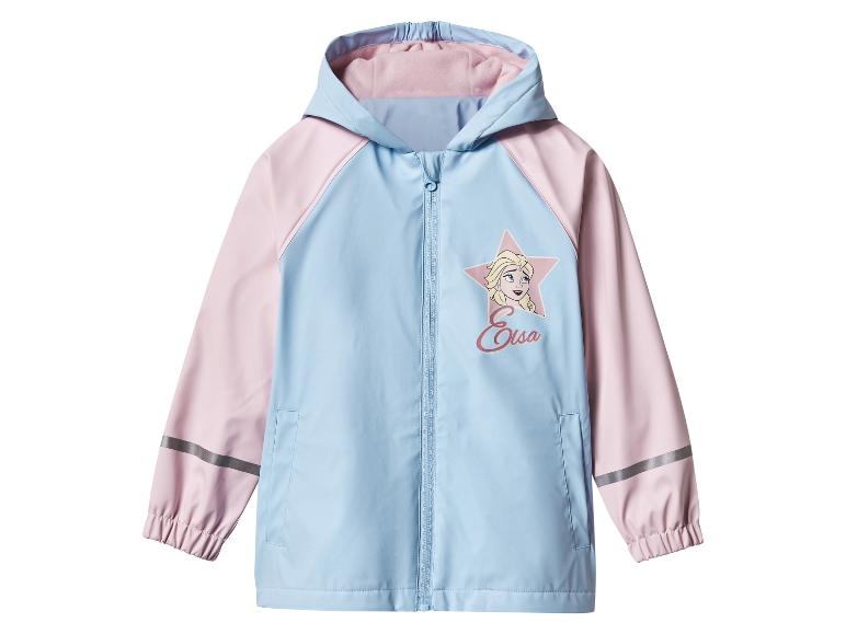 Une veste de pluie pour enfant bleu clair et rose avec un motif Elsa.