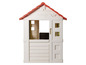 Une maison de jeu en plastique blanc avec un toit rouge de la marque Smoby.