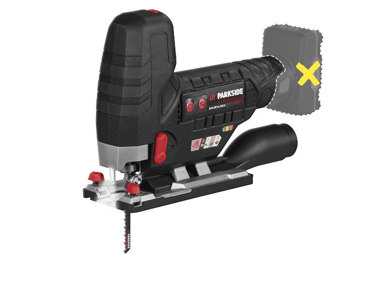 Scie sauteuse Parkside Performance noire avec accents rouges et accessoires.