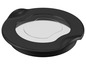 Un couvercle rond noir avec un insert en verre.