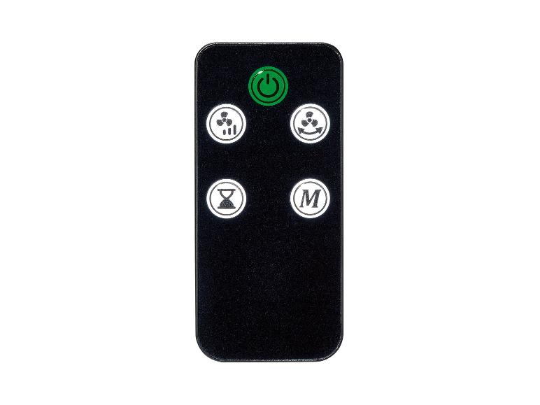 Télécommande noire avec bouton d'alimentation vert et icônes de ventilateur blanches.