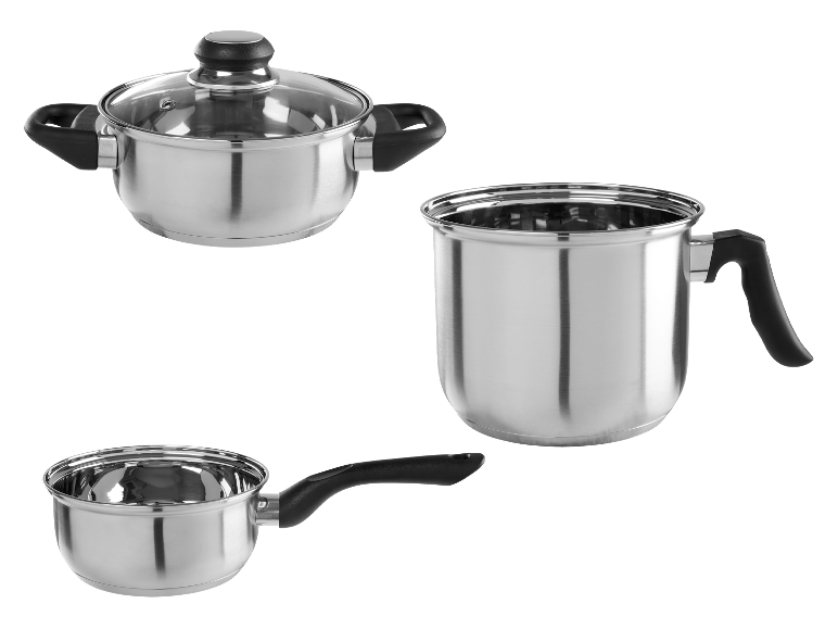 Trois casseroles en acier inoxydable avec des poignées noires.