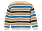 Un pull rayé beige, bleu et noir.
