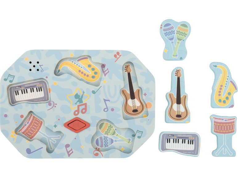 Puzzle d'instruments de musique: clavier, saxophone, guitare, maracas et tambour.