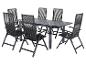 Ensemble de salle à manger d'extérieur avec table rectangulaire et six chaises pliantes, tout en gris foncé.