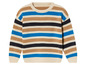 Pull rayé beige, bleu et noir.