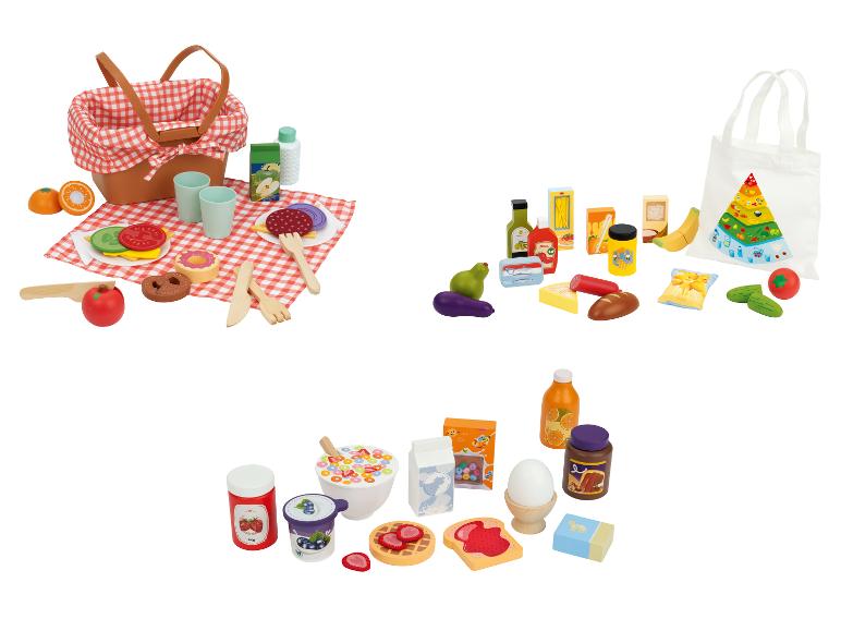 Ensembles de nourriture de jeu: panier de pique-nique avec nourriture, sac d'épicerie et petit-déjeuner.