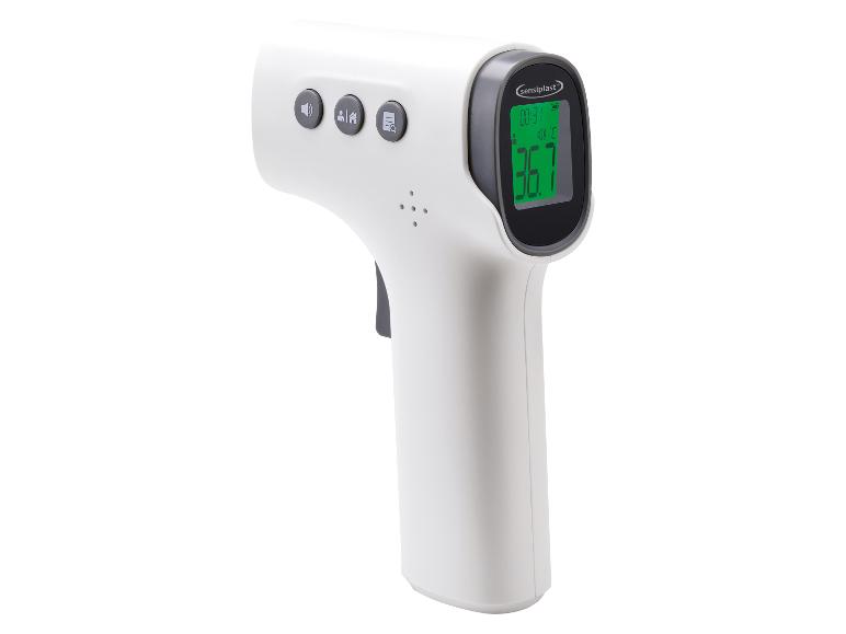 Thermomètre numérique sans contact avec écran vert affichant 36,7 °C.