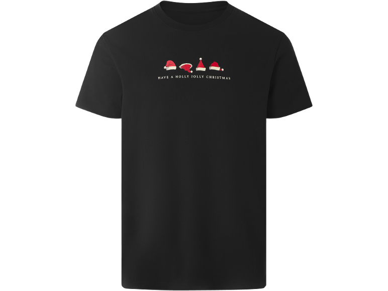 T-shirt de Noël noir avec des bonnets de Père Noël et le texte HAVE A HOLLY JOLLY CHRISTMAS