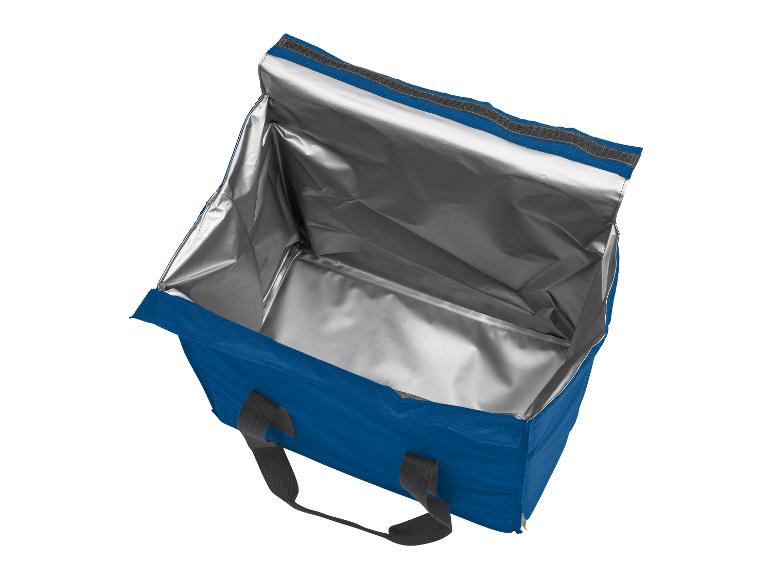 Sac isotherme bleu avec doublure argentée, idéal pour transporter des aliments ou des boissons.