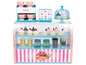 Un café de jeu avec des cupcakes, des tasses à café et de la limonade.