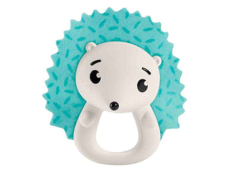 Anneau de dentition pour bébé en forme de hérisson blanc et turquoise.
