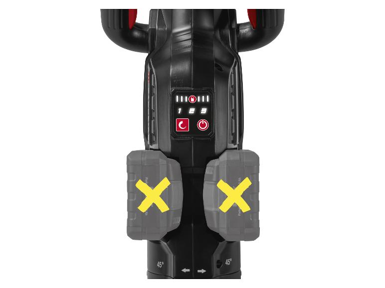 Détail du panneau de commande et des batteries Parkside avec des symboles X rouges.