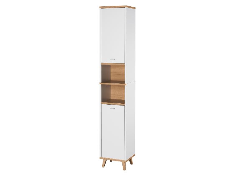 Armoire haute de salle de bain blanche et bois avec étagères ouvertes et fermées.