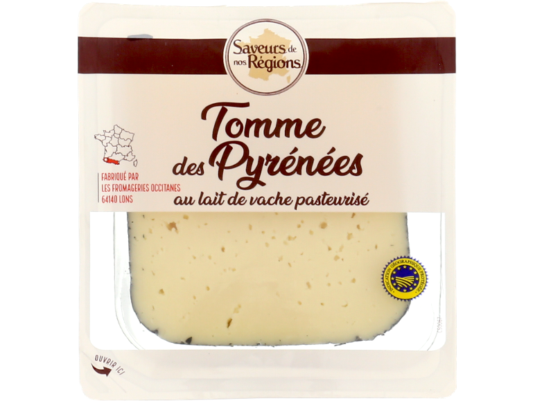 Fromage Tomme des Pyrénées de Saveurs de nos Régions, au lait de vache pasteurisé.