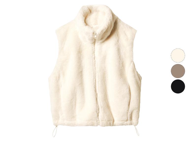Gilet en fausse fourrure crème avec fermeture éclair et ourlet ajustable, présenté avec options de couleur
