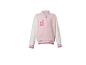 Veste de baseball rose et blanche avec une lettre B brodée et un nœud.