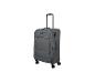 Valise en tissu gris à quatre roues avec poignée télescopique.