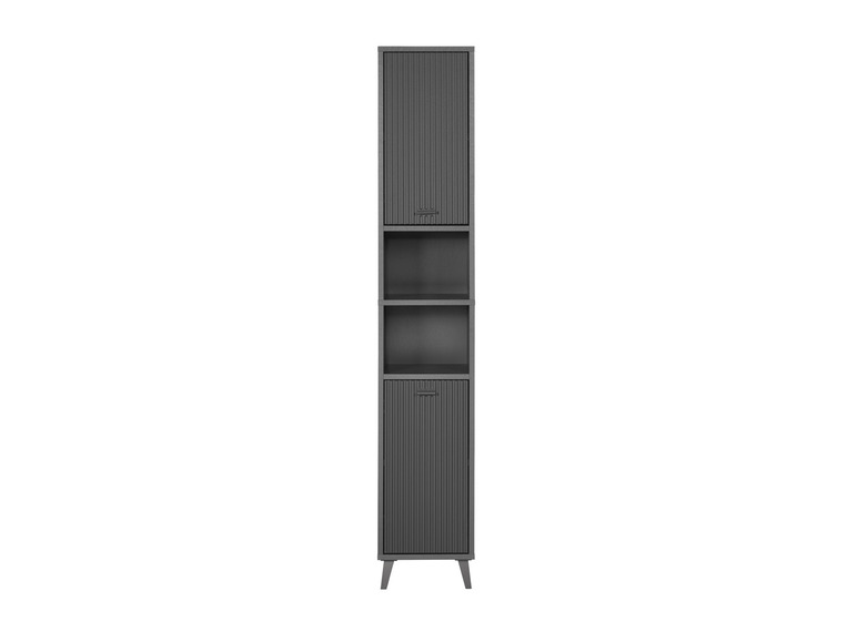 Une armoire de salle de bain grise avec deux portes, une étagère ouverte et des pieds en bois.