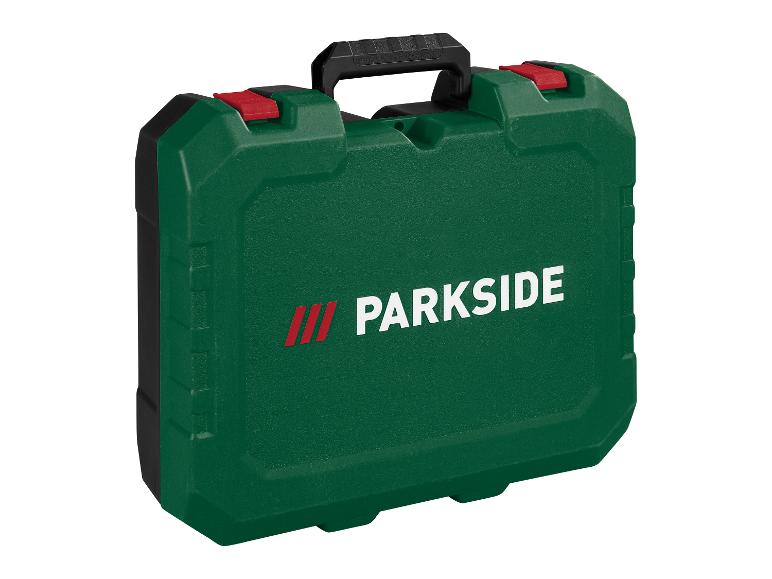 Boîte à outils verte avec poignées noires et fermoirs rouges, avec le texte 'PARKSIDE'