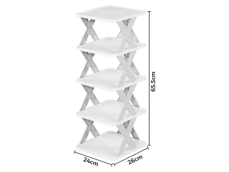 Étagère de rangement blanche à 5 niveaux avec des dimensions de 65,5 cm de hauteur, 24 cm de profondeur et 26 cm de largeur.
