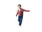 Petite fille souriante en cardigan rouge, t-shirt blanc et jean bleu