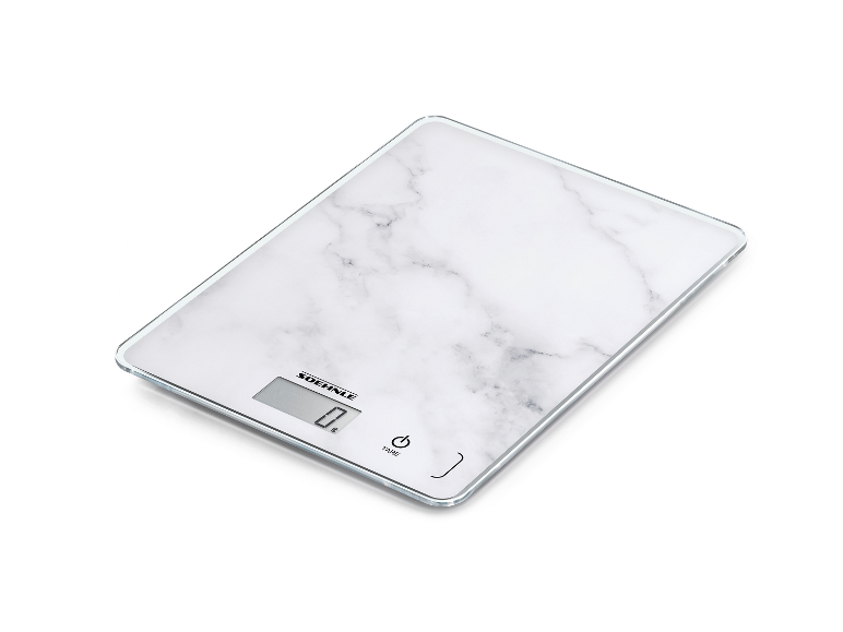 Balance de cuisine blanche à motif marbre avec affichage numérique et boutons tactiles.