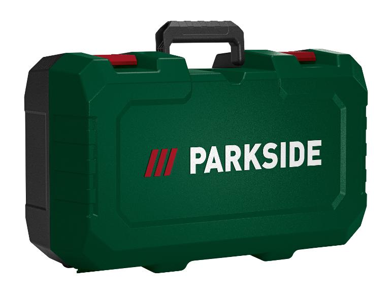 Boîte à outils verte Parkside avec poignées noires et fermoirs rouges.