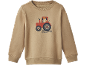 Pull beige pour enfant avec un tracteur et un chien brodés.