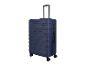 Valise à roulettes bleu marine avec poignée télescopique et serrure à combinaison.
