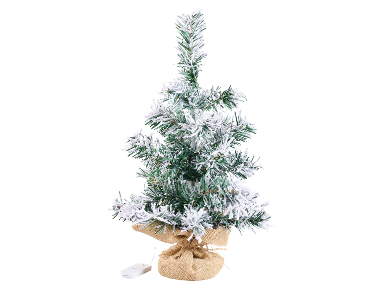 Petit sapin de Noël artificiel enneigé avec un pied en toile de jute