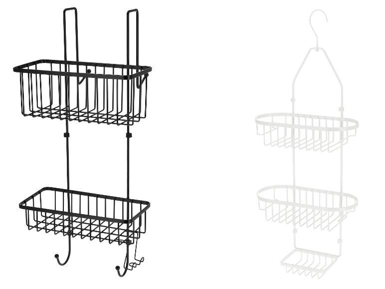 Deux paniers de douche métalliques à deux niveaux en noir et blanc.