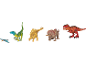 Une collection de jouets dinosaures, dont un T-Rex rouge, un Velociraptor vert, un Stégosaure jaune et un Tricératops marron.