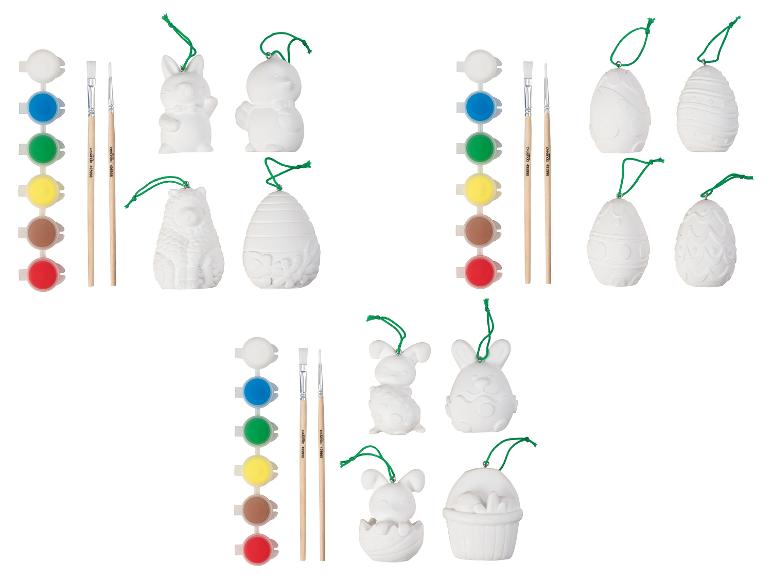 Kits de peinture pour Pâques avec figurines d'animaux et œufs, pinceaux et peintures.