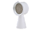 Ventilateur de table blanc avec tête ronde et base conique.