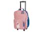 Valise rose à roulettes avec motif licorne pour enfant.