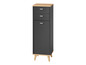 Une armoire gris foncé avec trois tiroirs et une porte sur des pieds en bois.