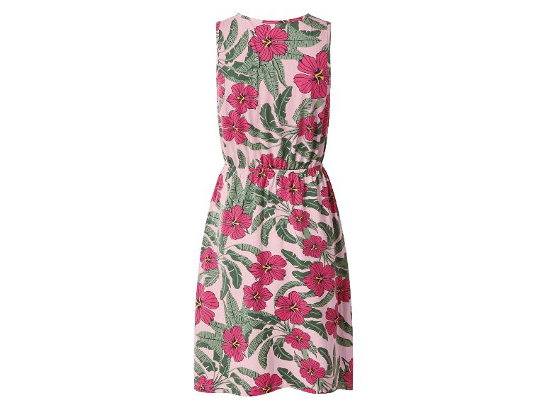 Robe midi rose sans manches avec un imprimé vif d'hibiscus et de feuilles de palmier.