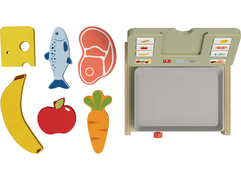Aliments jouets en bois: fromage, poisson, steak, banane, pomme, carotte et balance jouet.