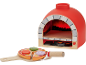 Four à pizza jouet en bois avec une pizza sur une pelle, avec diverses garnitures.