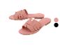Sandales plates roses pour femmes avec lanières entrelacées, disponibles en rose et noir.